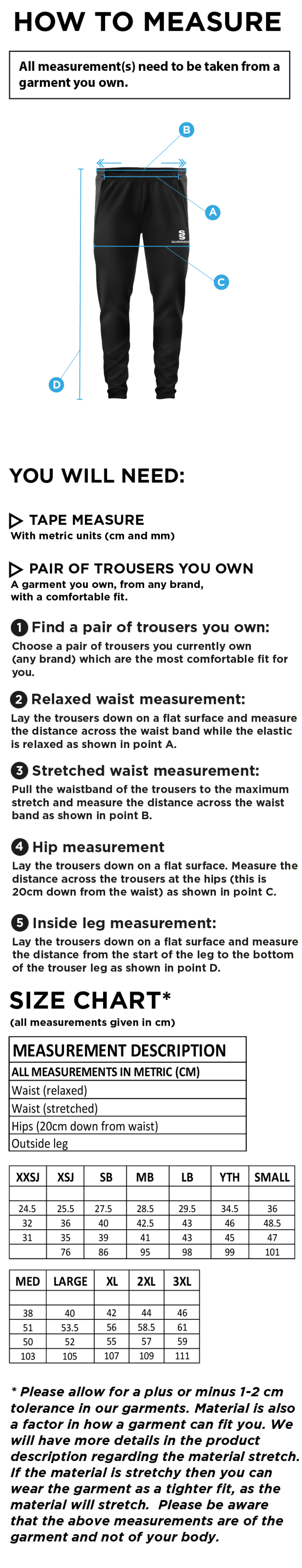 Long Ashton FC Tek Slim Pant - Size Guide