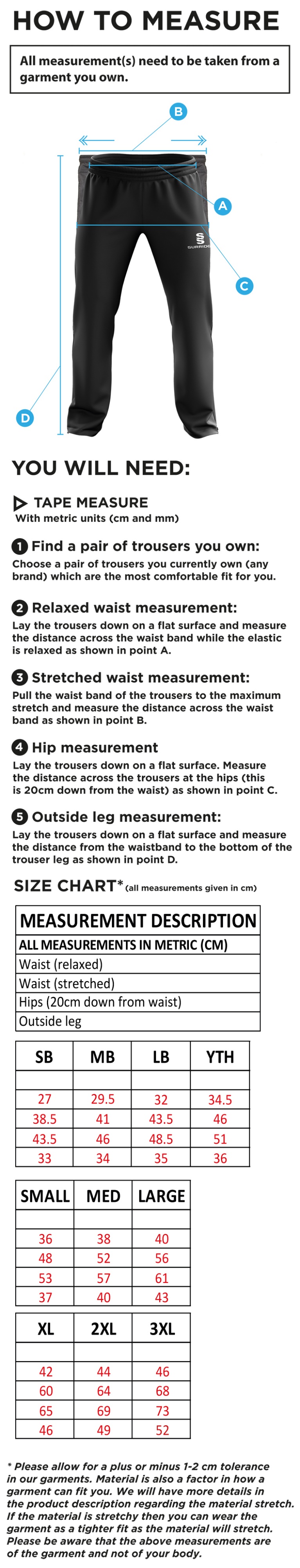 Long Ashton FC Ripstop Track Pant - Size Guide
