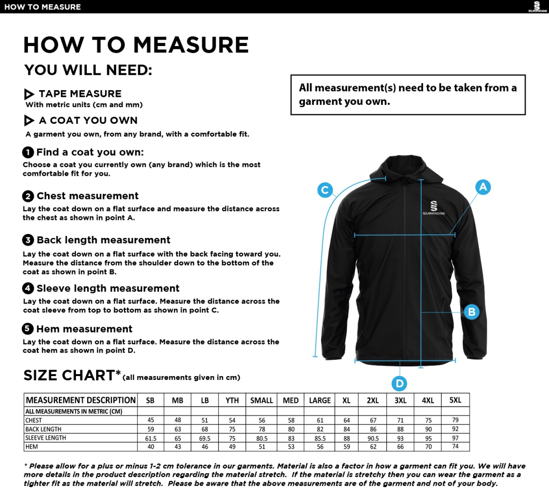 Long Ashton FC Dual Training Jacket - Size Guide