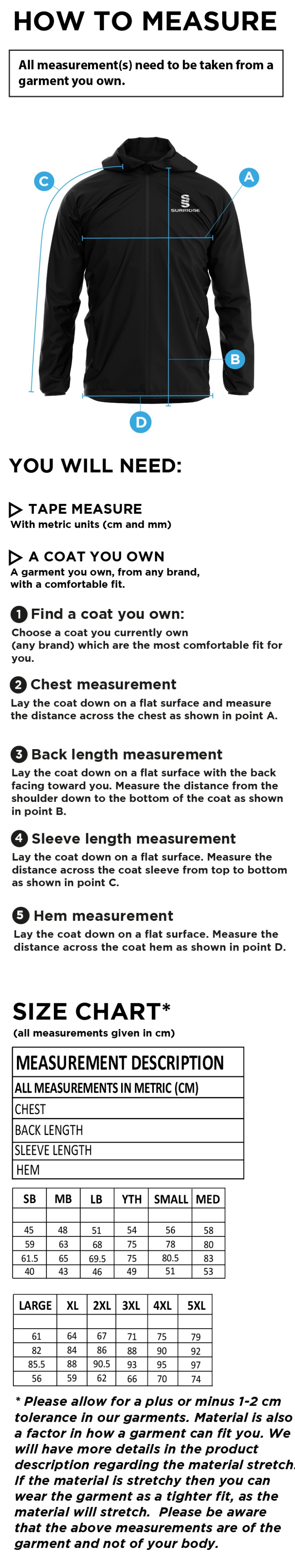 Long Ashton FC Dual Training Jacket - Size Guide