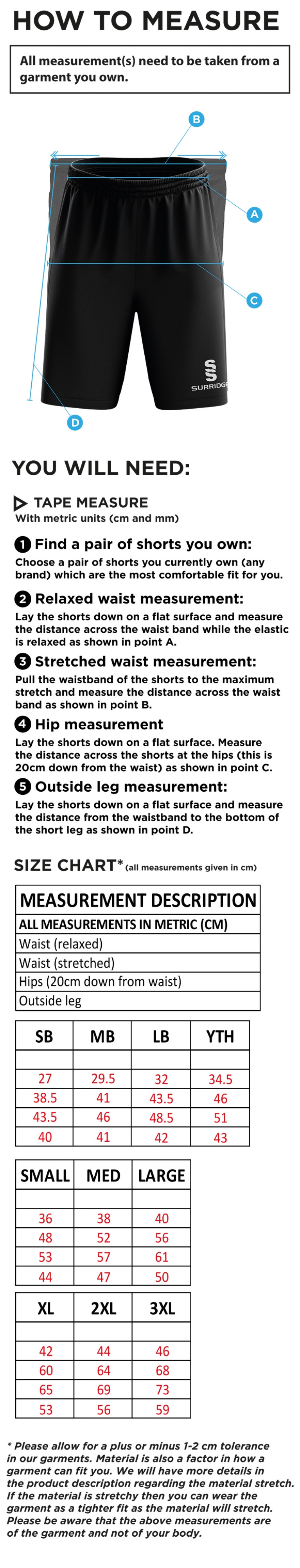 Long Ashton FC Ripstop Short Black - Size Guide