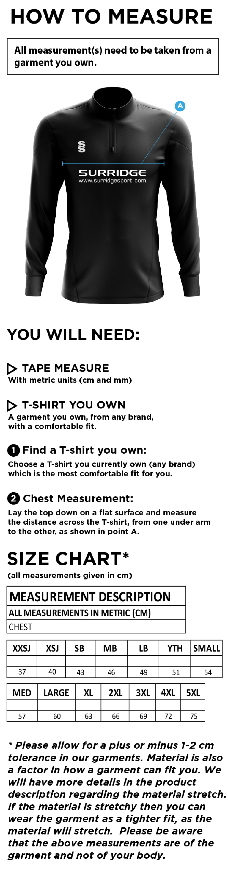 Long Ashton FC Blade Performance Top - Size Guide