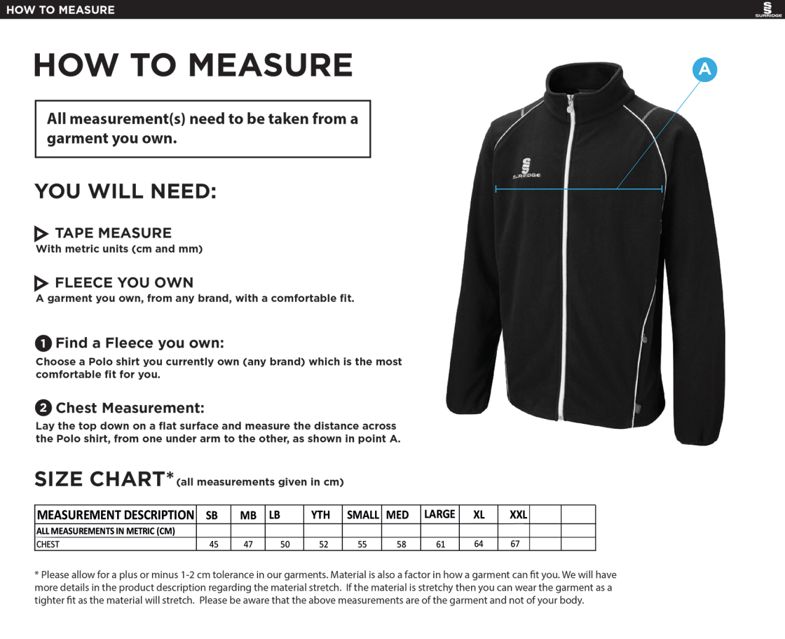 LONG ASHTON FC FULL ZIP FLEECE JACKET - Size Guide