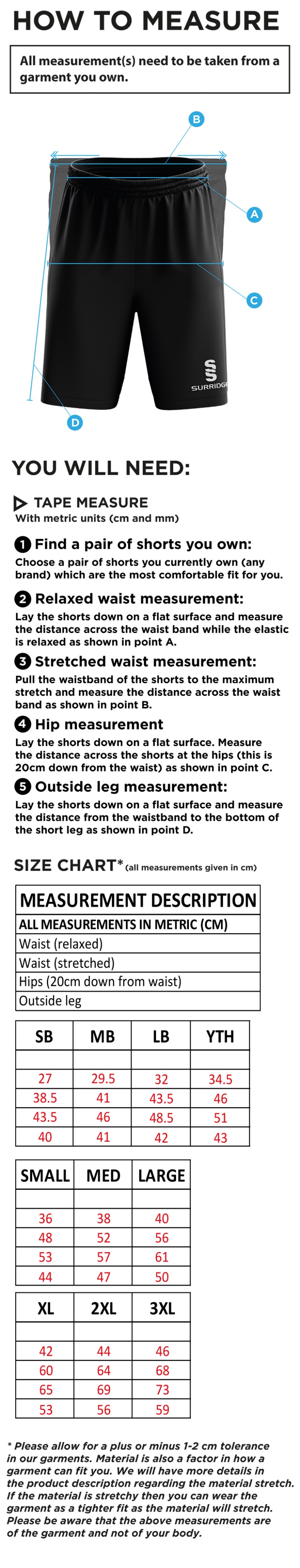 Long Ashton FC Blade Shorts - Size Guide