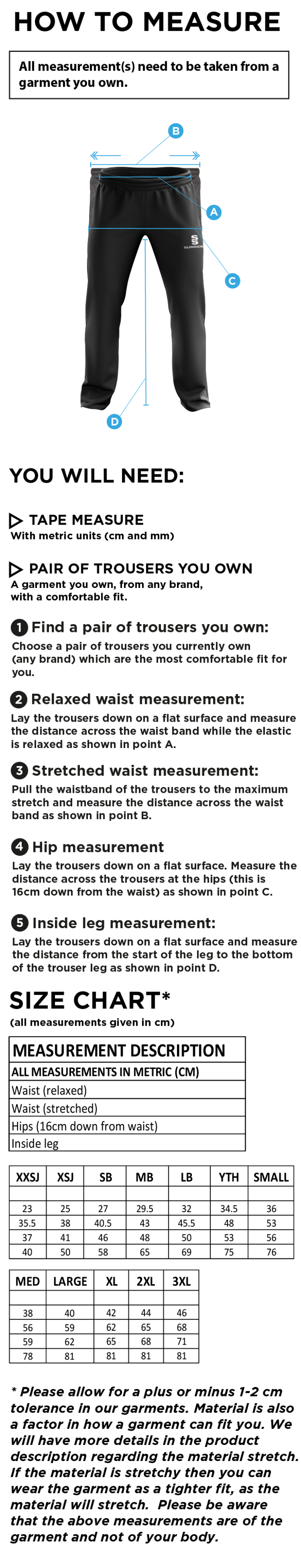 Long Ashton FC Poplin Track Pant - Size Guide