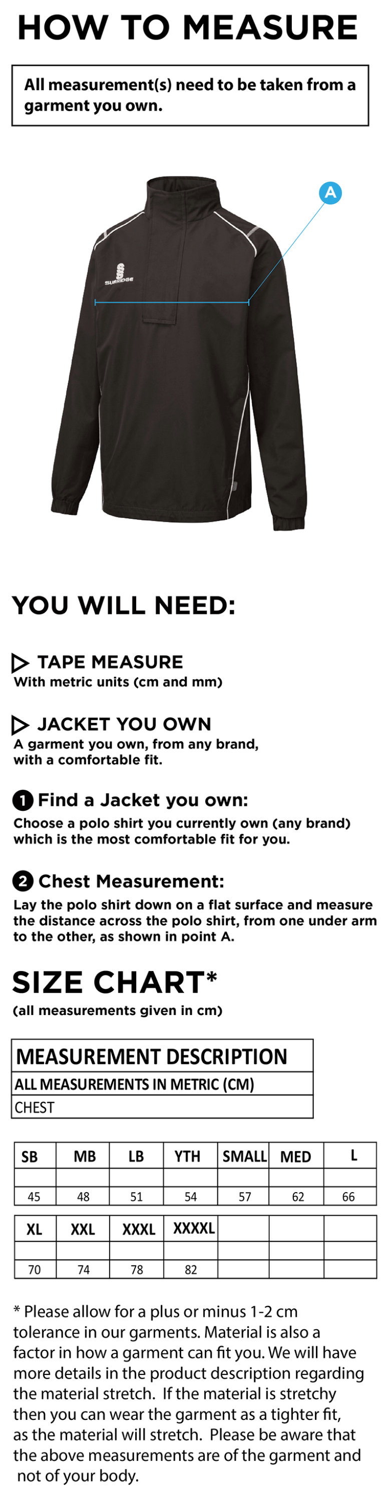 LONG ASHTON FC 1/4 ZIP RAIN JACKET - Size Guide
