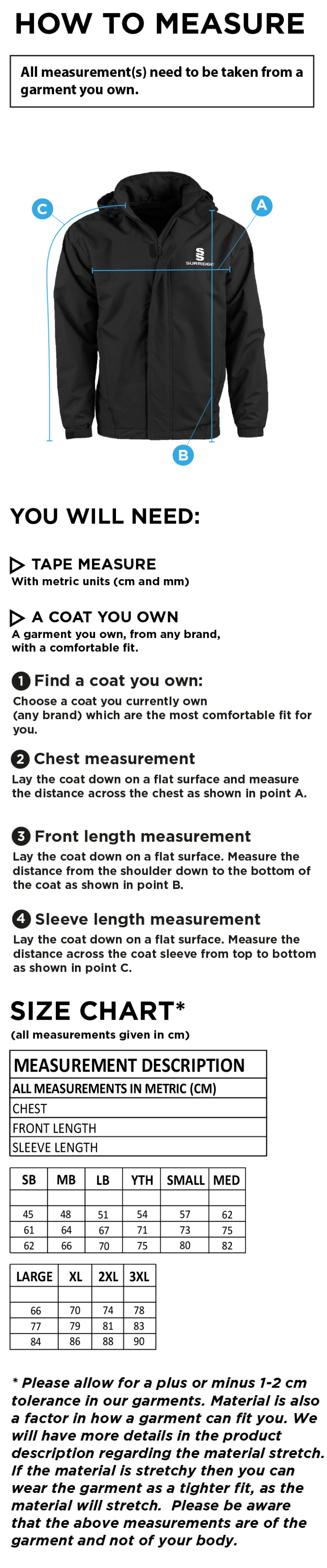 Long Ashton FC Dual Fleece Lined Jacket - Size Guide