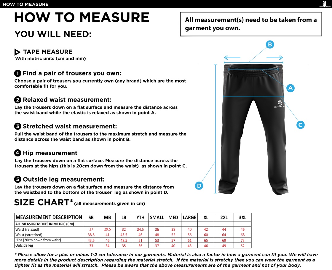 Long Ashton FC Ripstop Track Pant - Size Guide