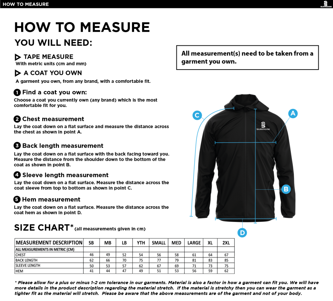 Long Ashton FC Dual Training Jacket - Size Guide