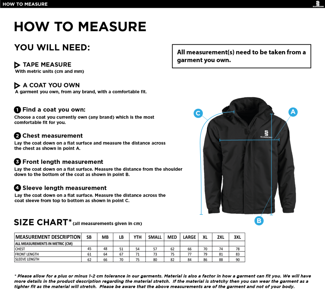 Long Ashton FC Dual Fleece Lined Jacket - Size Guide