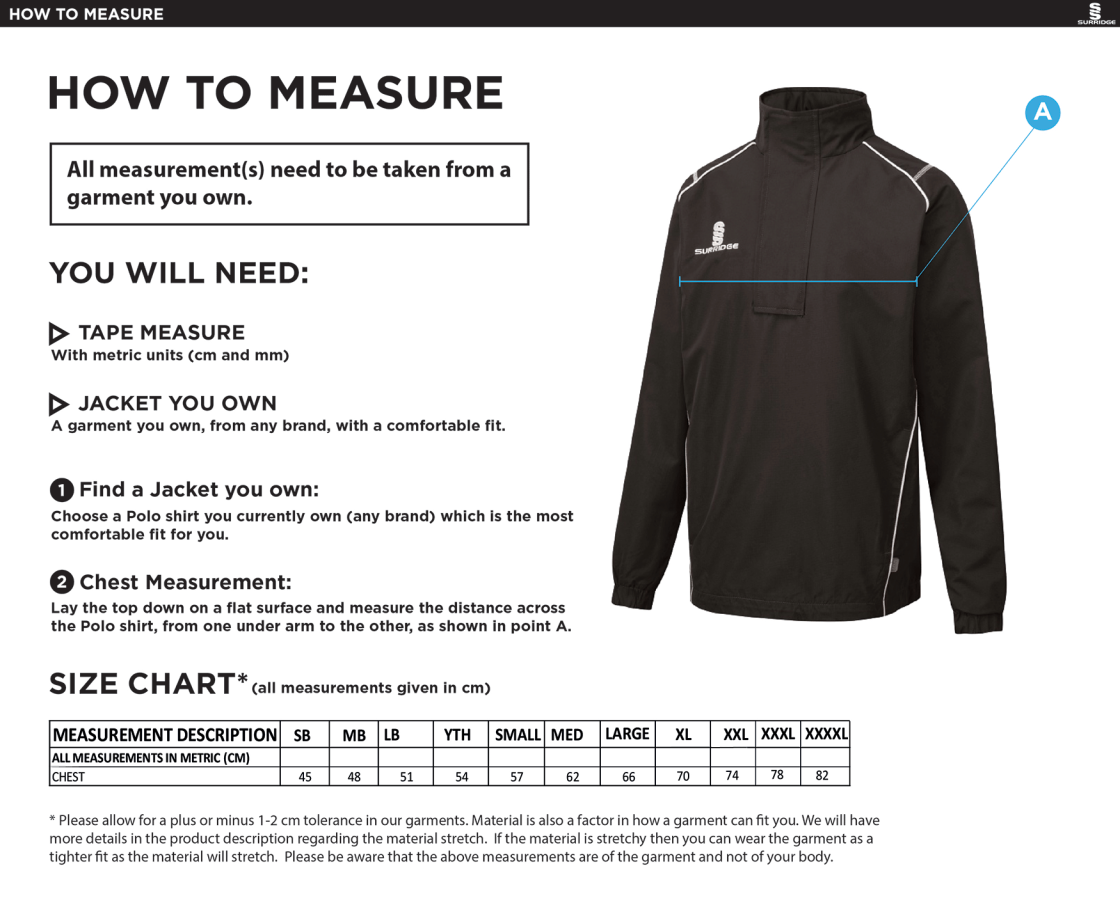 LONG ASHTON FC 1/4 ZIP RAIN JACKET - Size Guide