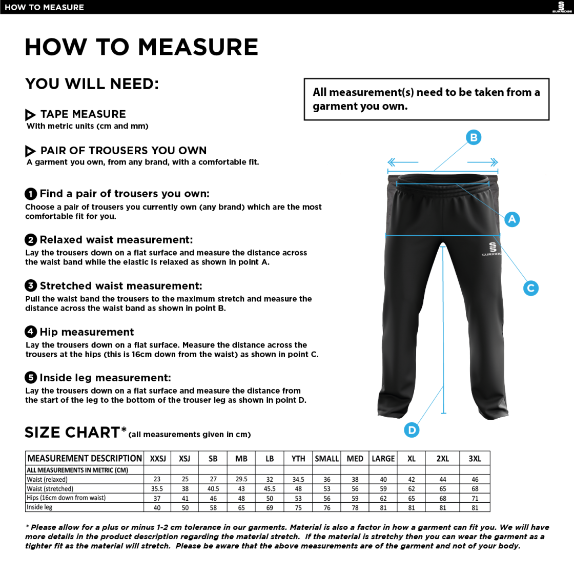 Long Ashton FC Poplin Track Pant - Size Guide