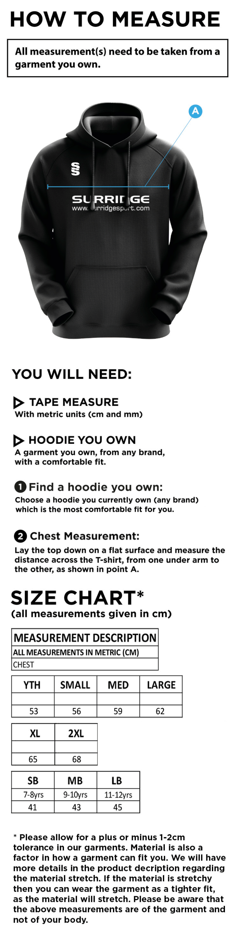 Long Ashton FC Blade Hoody - Size Guide